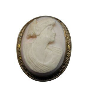 White Shell Carved Cameo Pink Back Gold/Silver Tone Lady Curls Pinned Up VTG